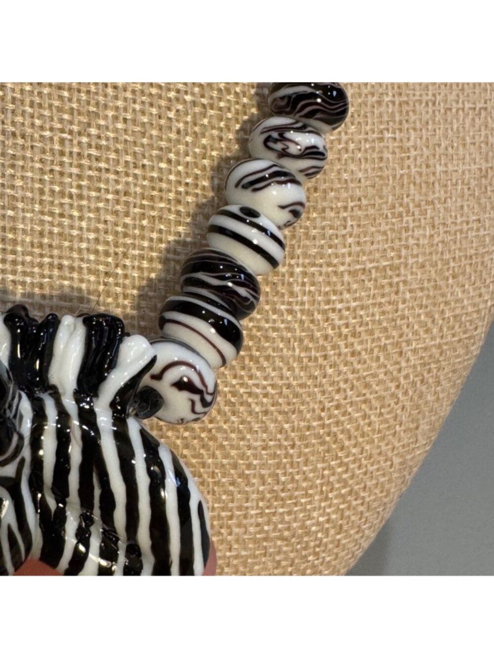 Handcrafted Glass Zebra Necklace Black & White Beads Signed 2002 Adjustable - Picture 5 of 10